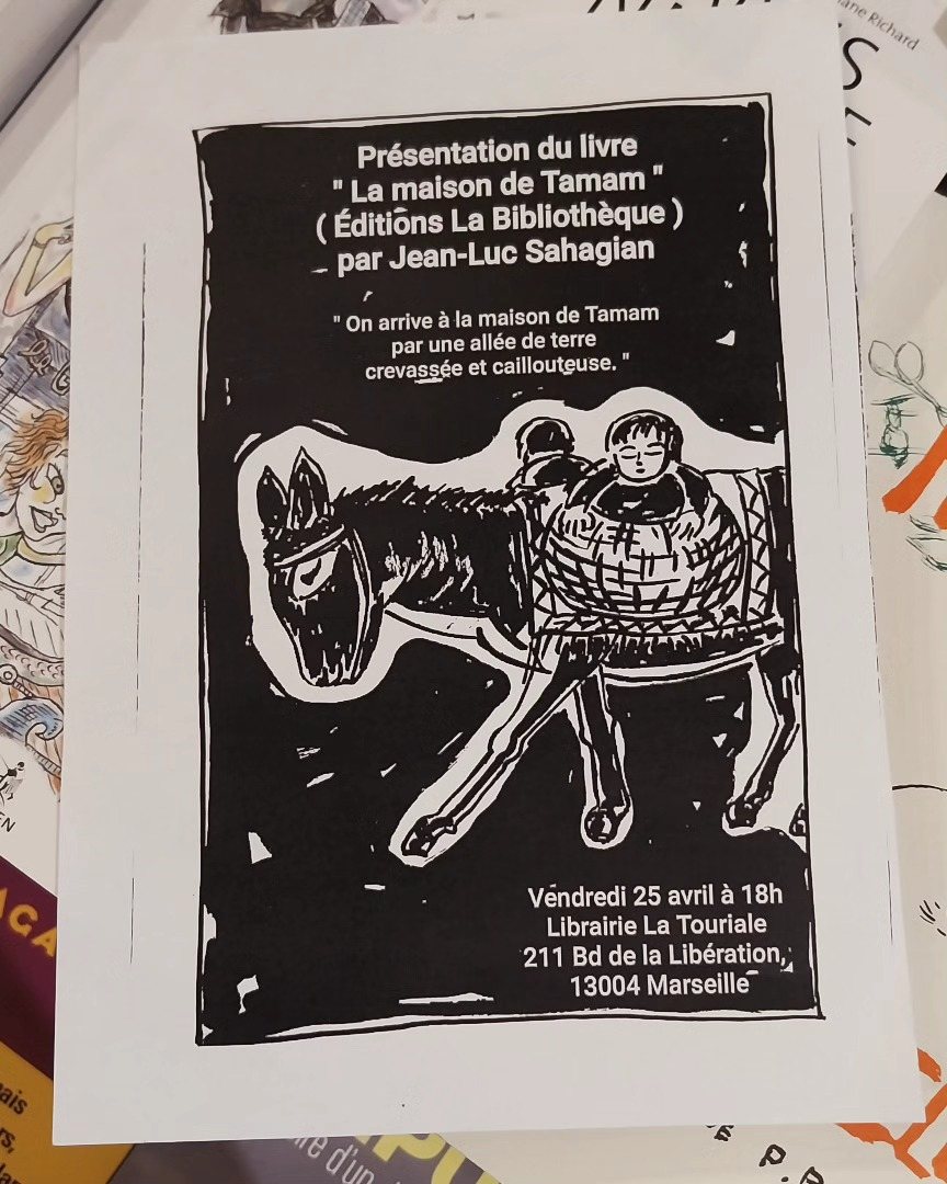 Affiche gravée annonçant une présentation de livre à la librairie