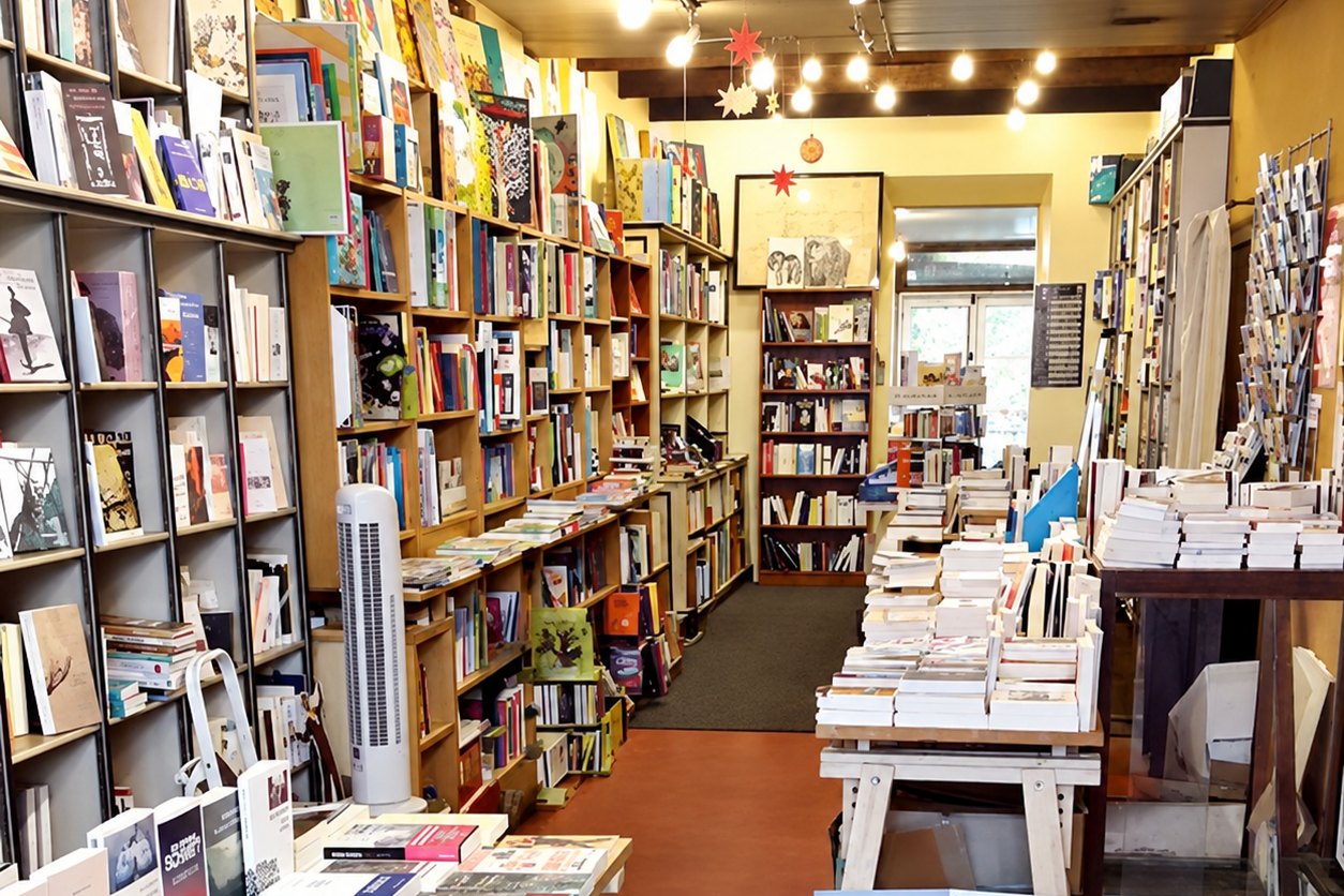L'intérieur de la librairie : la guirlande d'ampoules au plafond, les rayonnages du sol au plafond et la table des nouveautés